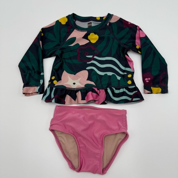 Tea Collection Baby Girls Floral Ruffle Rashguard Bottoms Set 9-12 mo Pink Green - Picture 1 of 9
